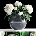 Transparent Spherical Vase with White Flowers and Green Leaves on White Tabletop against Black Background