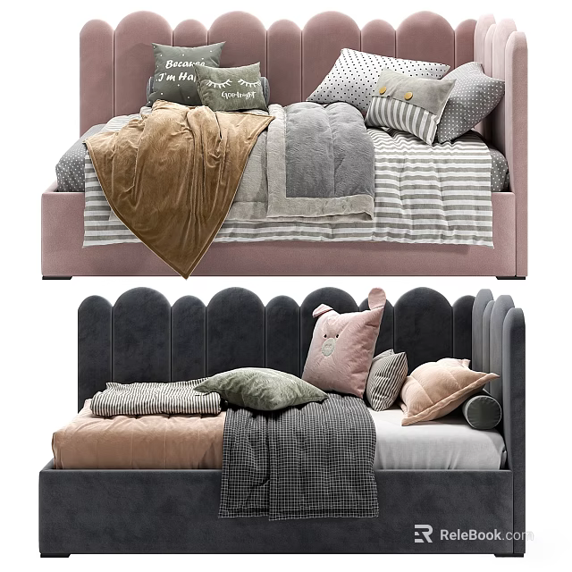 Cozy Bed Designs Featuring Pink Gray Headboards Decorative Pillows And Striped Blankets 3d model 