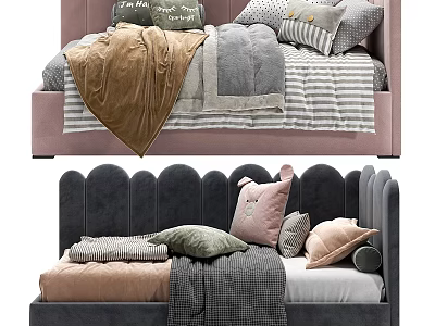 Cozy Bed Designs Featuring Pink Gray Headboards Decorative Pillows And Striped Blankets 3d model