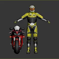 Red Black and White Sport Motorcycle With Rider in Yellow Racing Suit and Helmet