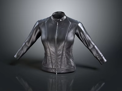 Stylish Black Fitted Leather Jacket With Stand Collar Front Zipper Design 3d model