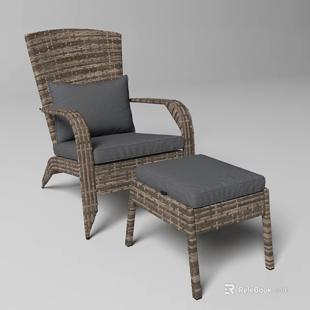 Outdoor Wicker Chair with Matching Ottoman and Gray Comfortable Patio Cushions 3d model 