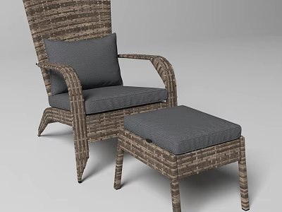 Outdoor Wicker Chair with Matching Ottoman and Gray Comfortable Patio Cushions 3d model