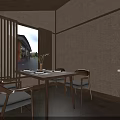 Private Dining Room Interior With Long Wooden Table Wooden Chairs Green Plant And Warm Lighting