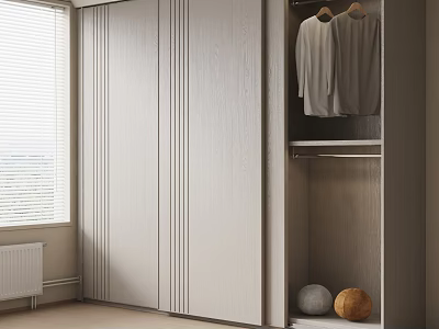 Modern Light Grey Sliding Door Wardrobe With Hanging Rod And Storage Balls In Interior 3d model