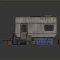 Wooden Camper Van With Solar Panels Top Fuel Cans Crate Chair And Tire