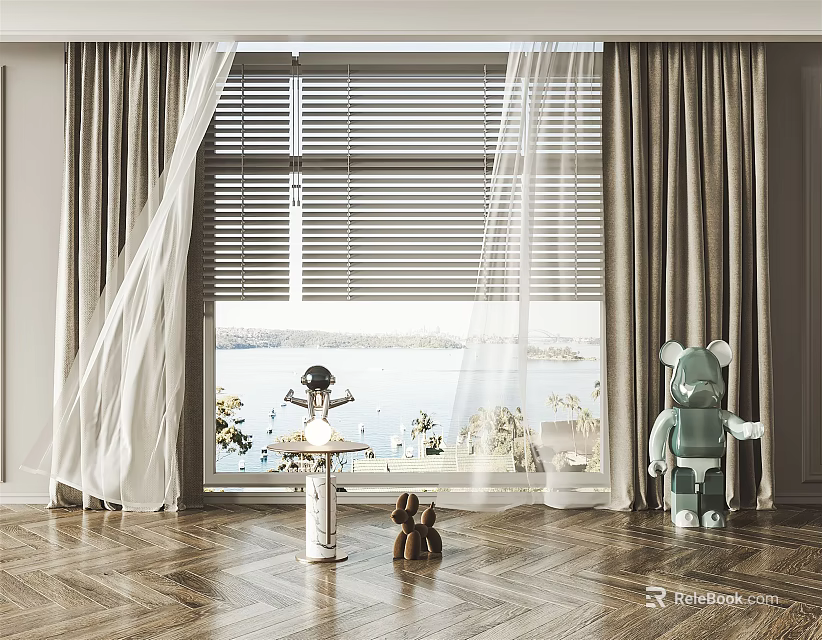 Elegant Curtains With Sheer Panels And Blinds For Window Scenic View Herringbone Floor 3d model 