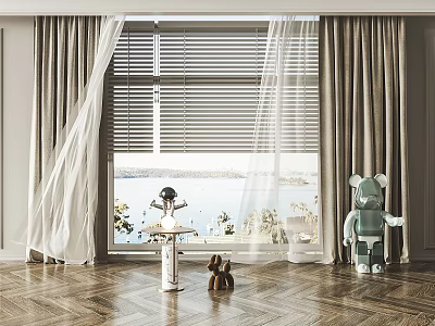 Elegant Curtains With Sheer Panels And Blinds For Window Scenic View Herringbone Floor 3d model