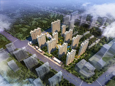Modern Aerial Planning of Urban Residential Area with High Rise Buildings Greenery and Roads 3d model