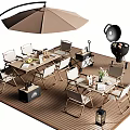 Outdoor Table And Chair Set With Patio Umbrella Grill And Cactus On Wooden Deck