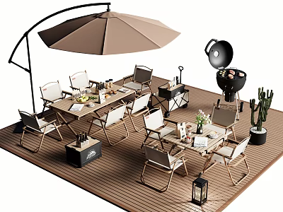 Outdoor Table And Chair Set With Patio Umbrella Grill And Cactus On Wooden Deck 3d model