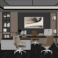 Modern Office Interior with Desk Comfortable Chairs Bookshelves Artwork Skylight Blinds Gray Striped Carpet