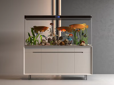 Modern Aquarium With Colorful Fish Aquatic Plants And Decorations On White Cabinet 3d model