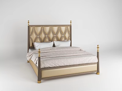 Double Bed With Diamond Tufted Upholstered Headboard And Golden Bedposts Light Colored Bedding 3d model