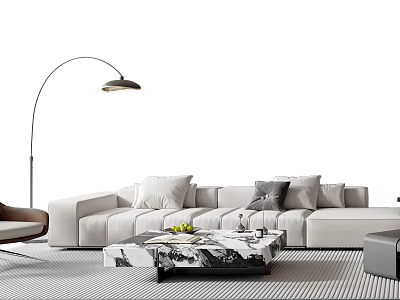 Modern White Sofa And Coffee Table Set With Arc Floor Lamp And Striped Rug 3d model