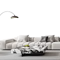 Modern White Sofa And Coffee Table Set With Arc Floor Lamp And Striped Rug
