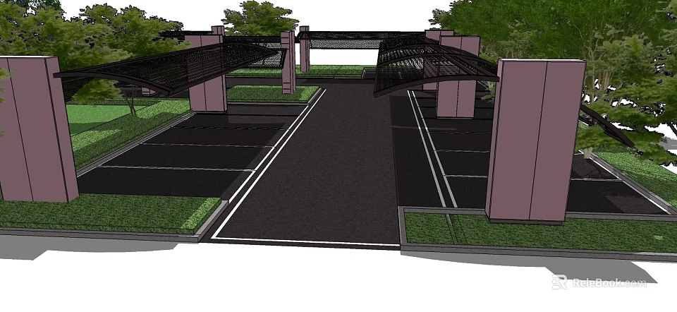 Wide Entrance Driveway With Covered Structure Pillars Green Plants And Parking Spaces 3d model 