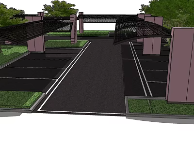Wide Entrance Driveway With Covered Structure Pillars Green Plants And Parking Spaces 3d model