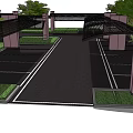 Wide Entrance Driveway With Covered Structure Pillars Green Plants And Parking Spaces