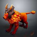 Mythical Creature Character with Horned Helmet Orange Fur and Red Eyes in Ferocious Stance