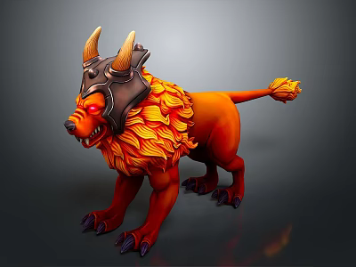 Mythical Creature Character with Horned Helmet Orange Fur and Red Eyes in Ferocious Stance 3d model