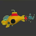Bright Yellow Toy Submarine With Red Details Blue Windows And Bubbles On Reflective Surface