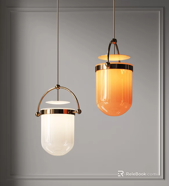 Modern Two Pendant Lights with White and Orange Shades and Brass Frames Minimalist Design 3d model 