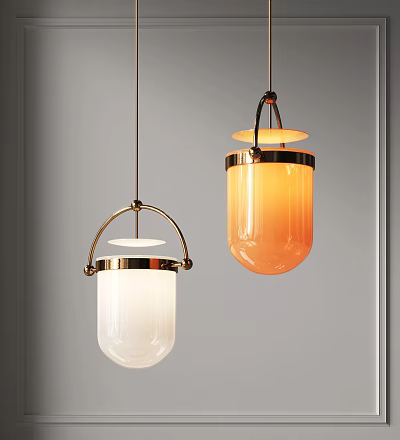 Modern Two Pendant Lights with White and Orange Shades and Brass Frames Minimalist Design 3d model