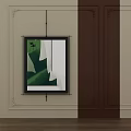 Modern Abstract Painting With Green White Shapes In Black Frame On Beige Brown Wall