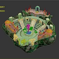 Cartoon Fantasy Island Scene Featuring Blue Pool Golden Decorations Archway and Statues