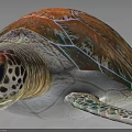 Vibrant Colorful Sea Turtle With Intricate Shell On Reflective Black Surface