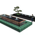 Garden Ornament With Long Rectangular Water Fountain Green Grass Base And Small Pine Tree 3d model