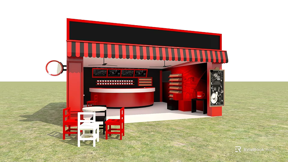 Commercial Equipment Red Kiosk With Striped Awning Counter Shelves Tables And Chairs For Outdoor Use 3d model 