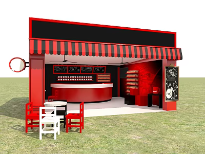 Commercial Equipment Red Kiosk With Striped Awning Counter Shelves Tables And Chairs For Outdoor Use 3d model