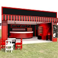 Commercial Equipment Red Kiosk With Striped Awning Counter Shelves Tables And Chairs For Outdoor Use