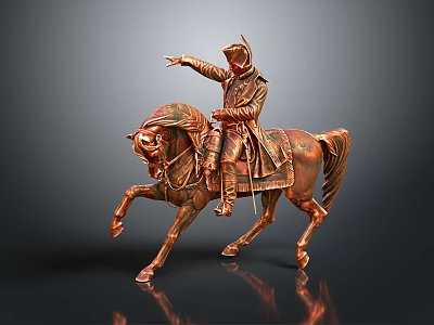 Man riding rearing horse bronze statue with hooded cloak pointing forward 3d model