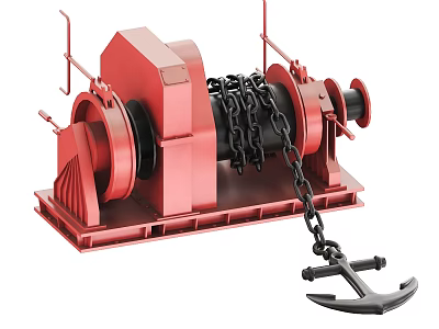 Red Industrial Anchor Winch Equipment With Heavy Duty Chain And Anchor 3d model