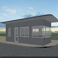Modern Gray Entrance Gate Building With Glass Windows And Outdoor Paved Ground