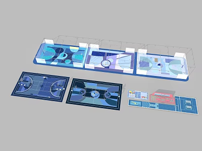 Multiple Architectural Design Layouts With Blue White Sections And Detailed Plans 3d model