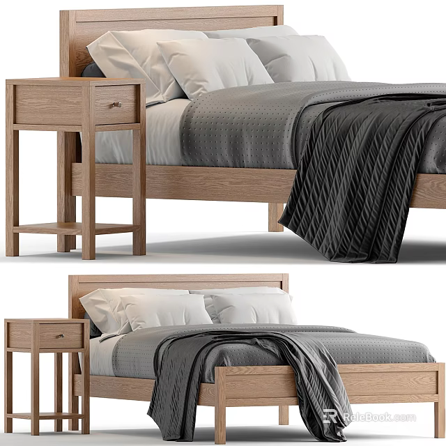 Modern Wooden Double Bed Frame With Bedside Table And Gray Bedding Pillows 3d model