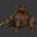Game Movie Character Rhinoceros With Large Horns And Stacked Weapons On Back