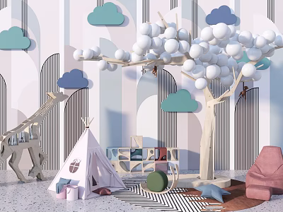 Pink Kids Tent in Playroom with Striped Walls Giraffe Toy and Cloud Decorations 3d model
