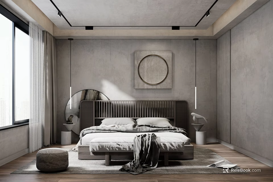 Modern Neutral Bedroom Interior With Circular Wall Art Dark Wooden Headboard And White Bedding 3d model 