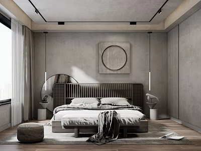 Modern Neutral Bedroom Interior With Circular Wall Art Dark Wooden Headboard And White Bedding 3d model