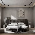 Modern Neutral Bedroom Interior With Circular Wall Art Dark Wooden Headboard And White Bedding