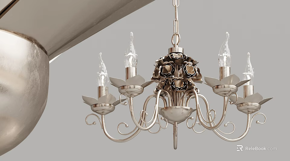 Vintage Silver Metal Chandelier With Curved Arms And Candle Style Light Fixtures 3d model 