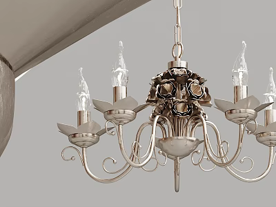 Vintage Silver Metal Chandelier With Curved Arms And Candle Style Light Fixtures 3d model