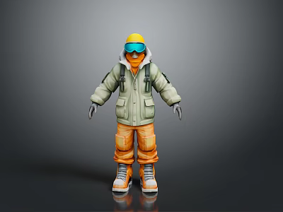 Man wearing green jacket orange pants yellow helmet goggles and backpack standing on gray background 3d model