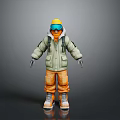 Man wearing green jacket orange pants yellow helmet goggles and backpack standing on gray background