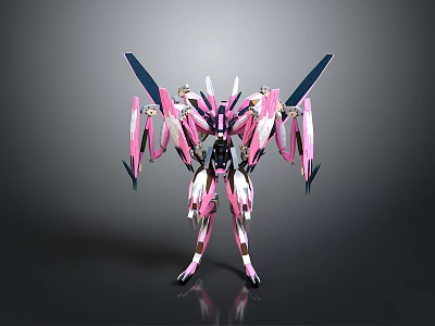 Futuristic Mechanical Robot Character With Pink White Armor Wings And Weapons 3d model